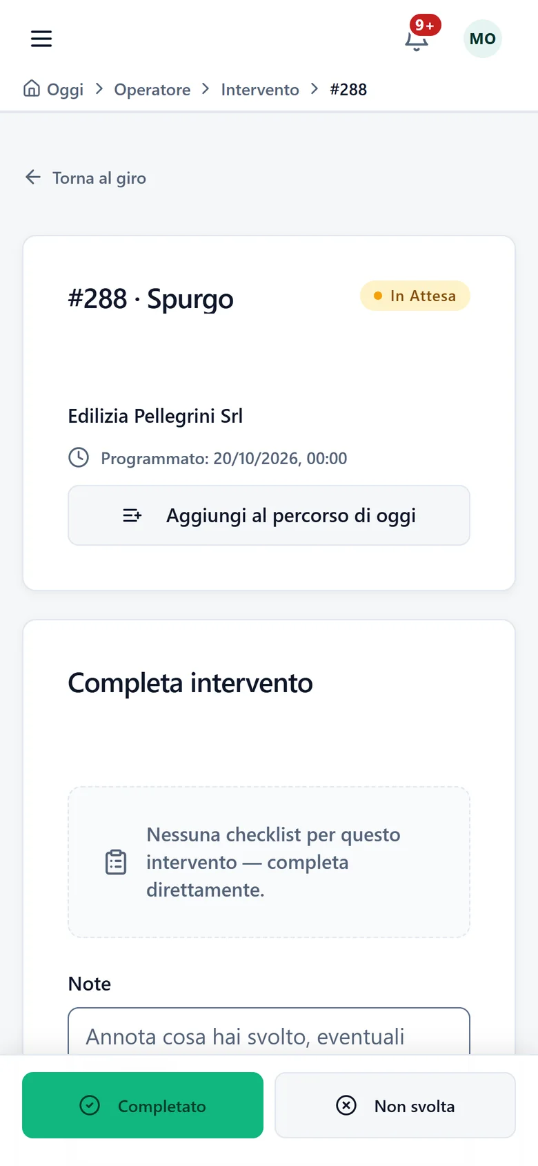 App operatore: intervento di spurgo con i pulsanti Completato e Non svolta